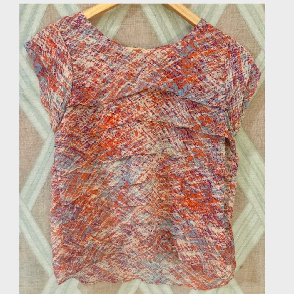 Ruffled Red White and Blue Splatter Design Blouse with Zip Backing